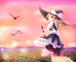 Rule 34 | 1girl, apron, bird, black hat, blonde hair, bloomers, braid, broom, broom riding, cyoppu, female focus, flying, forest, hair ribbon, hat, hat ribbon, highres, kirisame marisa, lens flare, long hair, looking back, mountain, nature, open mouth, red sky, ribbon, scenery, shirt, skirt, skirt set, sky, smile, solo, sun, sunset, touhou, underwear, vest, waist apron, witch, witch hat, yellow eyes