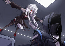 Rule 34 | 1girl, 1other, absurdres, ambiguous gender, arknights, black coat, black dress, black pantyhose, braid, coat, commentary, detached sleeves, doctor (arknights), dress, dryegen, english commentary, fangs, highres, long hair, on ceiling, pantyhose, pointy ears, red eyes, sleeveless, sleeveless dress, slit pupils, sweatdrop, tongue, tongue out, vampire, warfarin (arknights), white hair