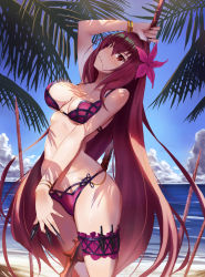 Rule 34 | 1girl, beach, bikini, blush, breasts, chiwa (tsugumisky), commentary request, day, fate/grand order, fate (series), flower, gae bolg (fate), hair flower, hair ornament, kunai, long hair, looking at viewer, medium breasts, navel, ocean, outdoors, purple hair, red eyes, sand, scathach (fate), scathach (fate), scathach (swimsuit assassin) (fate), solo, standing, swimsuit, thigh strap, tree shade, water, weapon