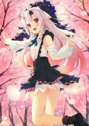 Rule 34 | 1girl, bare shoulders, black footwear, black skirt, blush, cherry blossoms, commentary, detached sleeves, fang, feet out of frame, highres, hololive, horns, long hair, looking at viewer, looking back, multicolored hair, nakiri ayame, nakiri ayame (girly), night, oni, open mouth, outdoors, pointing, red eyes, red hair, shirt, silver hair, skin-covered horns, skirt, smile, solo, streaked hair, suspender skirt, suspenders, tokoshibyra, tree, twitter username, virtual youtuber, walking, white shirt