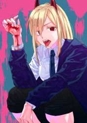 + +, 1girl, bleeding, blonde hair, blood, bloody clothes, bloody hands, blue neckwear, chainsaw man, eyebrows visible through hair, hair between eyes, highres, horns, injury, long hair, necktie, open mouth, otsudou, power (chainsaw man), red eyes, sharp teeth, solo, splatter, squatting, teeth, tongue, tongue out, upper teeth