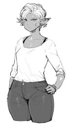 Rule 34 | 1girl, :&lt;, alternate hair length, alternate hairstyle, bad id, bad tumblr id, breasts, casual, cropped legs, dark-skinned female, dark elf, dark skin, denim, elf, elf-san wa yaserarenai., greyscale, hand on own hip, highres, jeans, kuroeda-san, looking at viewer, mole, mole under eye, monochrome, pants, pointy ears, short hair, simple background, small breasts, solo, synecdoche, thick thighs, thighs, white background, wide hips