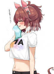 1girl absurdres animal_ears blush breasts brown_hair commentary_request dantsu_flame_(umamusume) ear_covers gryebooks highres holding holding_towel horse_ears horse_girl horse_tail medium_breasts midriff multicolored_hair navel open_mouth shirt short_sleeves simple_background solo sweat t-shirt tail towel translation_request two-tone_hair umamusume white_background white_hair white_shirt