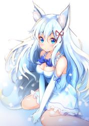 Rule 34 | 1girl, animal ears, bare shoulders, between legs, blue bow, blue dress, blue eyes, blue gloves, blue hair, blue ribbon, blush, bow, breasts, cleavage, closed mouth, commentary request, dress, elbow gloves, fox ears, fox girl, fox tail, frilled dress, frills, gloves, hair between eyes, hair ribbon, hand between legs, highres, light blue hair, long hair, looking at viewer, medium breasts, on floor, original, own hands together, red ribbon, ribbon, ribbon-trimmed dress, shadow, sidelocks, sitting, sleeveless, sleeveless dress, smile, solo, tail, two-tone background, wariza, ymd (holudoun)