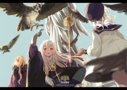 Rule 34 | 3girls, bad id, bad pixiv id, bird, blonde hair, cross, feathers, from behind, gloves, hat, letterboxed, long hair, mia0309, multiple girls, owl, pixiv fantasia, pixiv fantasia new world, short hair, skirt, staff, statue, white hair, yellow eyes