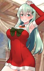 Rule 34 | 1girl, aqua eyes, aqua hair, arm warmers, ascot, blurry, blurry background, blush, breasts, christmas, detached collar, dress, furaggu (frag 0416), hair between eyes, hair ornament, hairclip, highres, indoors, kantai collection, large breasts, long hair, looking at viewer, official alternate costume, red dress, santa costume, santa dress, short dress, smile, solo, strapless, strapless dress, suzuya (kancolle)