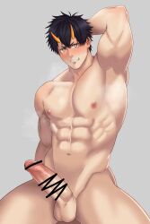 Rule 34 | 1boy, abs, arm behind head, armpit hair, bar censor, bara, black hair, blush, breath, censored, completely nude, erection, eyeshadow, hair between eyes, highres, horns, large pectorals, large penis, looking at viewer, makeup, male focus, muscular, muscular male, naya yuuji, nipples, nude, oni, oni (naya yuuji), oni horns, original, pectorals, penis, red eyeshadow, scribble, shaved body, short hair, shy, sideburns, solo, spread legs, stomach, sweatdrop, thick thighs, thighs, yellow eyes