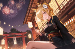Rule 34 | 1girl, animal ear fluff, animal ears, architecture, black kimono, blonde hair, blue archive, blush, breasts, choko (cup), crossed legs, cup, east asian architecture, extra ears, feet out of frame, flower, grey hair, hair flower, hair ornament, hair over one eye, highres, holding, holding cup, ikkia, japanese clothes, kanna (blue archive), kimono, lantern, long sleeves, looking at viewer, medium breasts, notched ear, obi, open mouth, outdoors, paper lantern, ponytail, sash, sharp teeth, sidelocks, sitting, solo, star (sky), teeth, torii, tree, veranda, yukata