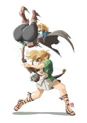 Rule 34 | &gt; &lt;, 1boy, 1girl, archaic set (zelda), ass, automatic giraffe, black pants, blonde hair, blue eyes, blue shirt, boots, brown footwear, cape, closed eyes, full body, highres, holding, huge ass, human weapon, link, nintendo, official alternate costume, official alternate hair length, official alternate hairstyle, open mouth, pants, pointy ears, pout, princess zelda, shadow, shirt, short hair, simple background, sunrise stance, the legend of zelda, the legend of zelda: breath of the wild, the legend of zelda: tears of the kingdom, thick thighs, thighs, torn clothes, v-shaped eyebrows, white background