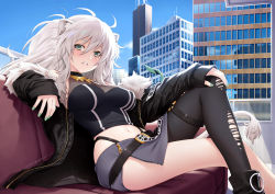 Rule 34 | 1girl, animal ear fluff, animal ears, asymmetrical legwear, bare shoulders, black footwear, black jacket, black pantyhose, blue sky, blush, boots, breasts, building, cityscape, cloud, commentary request, crop top, crossed legs, day, from side, green eyes, green nails, grey skirt, hair between eyes, halterneck, highres, hololive, jacket, kazuma muramasa, lion ears, lion girl, lion tail, looking at viewer, medium breasts, medium hair, midriff, miniskirt, nail polish, navel, open clothes, open jacket, outdoors, pantyhose, see-through, shishiro botan, shishiro botan (1st costume), sidelocks, silver hair, sitting, sity, skirt, sky, skyscraper, solo, stomach, sunlight, tail, teeth, torn clothes, torn pantyhose, uneven legwear, virtual youtuber, zipper, zipper pull tab, zipper skirt