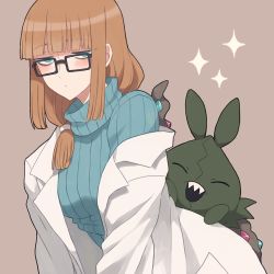 Rule 34 | 1girl, black-framed eyewear, blunt bangs, blush, breasts, brown hair, closed mouth, coat, commentary request, creatures (company), game freak, gen 5 pokemon, glasses, green sweater, grey background, hair tie, half-closed eyes, lab coat, long hair, looking at viewer, nintendo, off shoulder, oleana (pokemon), pokemon, pokemon: twilight wings, pokemon (creature), pokemon on back, rectangular eyewear, ribbed sweater, rinka (rinka0912), sparkle, sweater, trubbish, turtleneck, turtleneck sweater, white coat