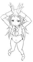 Rule 34 | 1girl, arms up, greyscale, lineart, long hair, looking at viewer, monochrome, navel, simple background, solo, underwear, white background, zaxwu