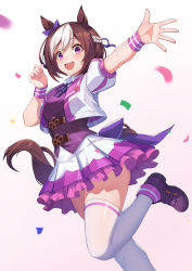 Rule 34 | 1girl, animal ears, blush, braid, brown footwear, brown hair, foot out of frame, french braid, hair between eyes, highres, horse ears, horse girl, horse tail, loafers, open mouth, puffy short sleeves, puffy sleeves, purple eyes, shoes, short hair, short sleeves, smile, solo, special week (umamusume), tail, teeth, thighhighs, umamusume, upper teeth only, vococo, white hair, white thighhighs
