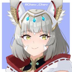 Rule 34 | 1girl, animal ear fluff, animal ears, blue background, cheychev, closed mouth, commentary request, facial mark, fang, fang out, grey hair, highres, looking at viewer, nia (xenoblade), portrait, short hair, smile, solo, twitter username, two-tone background, white background, xenoblade chronicles (series), xenoblade chronicles 2, yellow eyes