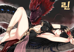 Rule 34 | 1girl, armpits, arms up, bad id, bad pixiv id, barefoot, black dress, black hair, blush, breasts, closed mouth, detached sleeves, dragon, dress, eastern dragon, from side, hair over one eye, halterneck, lipstick, long hair, looking at viewer, looking to the side, lying, makeup, medium breasts, on back, plantar flexion, red eyes, red lips, rin (seven knights), see-through, seven knights, sideboob, smile, swept bangs, taut clothes, thighhighs, thighs, white thighhighs, xter