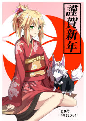 Rule 34 | 1girl, 2017, blonde hair, blush, fate/apocrypha, fate/grand order, fate (series), fou (fate), japanese clothes, kimono, long hair, looking at viewer, mordred (fate), mordred (fate/apocrypha), new year, ponytail, shiseki hirame, sitting, solo