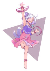 Rule 34 | 1girl, animal ears, arm up, barefoot, blush, dog ears, dog tail, bear trap, frilled skirt, frills, full body, grey hair, mitsugashira enoko, multiple tails, open mouth, petticoat, pink skirt, purple vest, rangycrow, red eyes, short hair, skirt, smile, solo, tail, touhou, vest