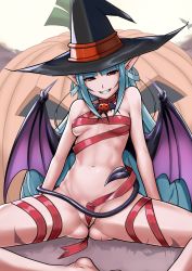 Rule 34 | 1girl, aegis (nerocc), blue hair, blunt bangs, breasts, covered erect nipples, demon girl, demon tail, demon wings, fangs, grin, halloween, hat, jack-o&#039;-lantern, long hair, naked ribbon, original, pointy ears, pussy, red eyes, ribbon, small breasts, smile, solo, spread legs, tail, wings, witch hat