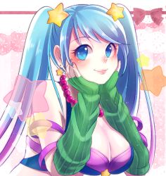 Rule 34 | 1girl, alternate costume, arcade sona, blue eyes, blue hair, blush, breasts, cleavage, earrings, fingerless gloves, gloves, hands on own cheeks, hands on own face, jewelry, league of legends, lips, matching hair/eyes, mizoreame, nail polish, smile, solo, sona (league of legends), star (symbol), star earrings, twintails