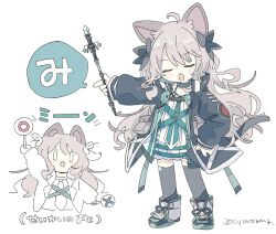 Rule 34 | 0 0, 1girl, ahoge, animal ear fluff, animal ears, arknights, arm up, artist name, black bow, black footwear, black jacket, black thighhighs, blue eyes, blush, bow, cat ears, cat girl, cat tail, chibi, closed eyes, cropped torso, full body, grey hair, hair bow, highres, holding, infection monitor (arknights), jacket, long hair, long sleeves, mint (arknights), multiple views, naguru (cyoroama), open clothes, open jacket, open mouth, shoes, sign, simple background, speech bubble, standing, tail, thighhighs, twitter username, wand, white background