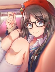 Rule 34 | 1girl, absurdres, blouse, blurry, bow, bowtie, collared shirt, depth of field, glasses, hat, hat ornament, highres, idolmaster, idolmaster shiny colors, keffiy, kneehighs, knees to chest, legs together, looking at viewer, mitsumine yuika, pink bow, pink bowtie, reaching, reaching towards viewer, red hat, shirt, single earphone removed, socks, solo, tagme, white shirt, white socks