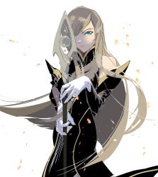 Rule 34 | 1girl, bare shoulders, blue eyes, breasts, brown hair, closed mouth, cofffee, detached sleeves, dress, gloves, hair over one eye, holding, holding staff, long hair, looking at viewer, medium breasts, simple background, solo, staff, tales of (series), tales of the abyss, tear grants, white background
