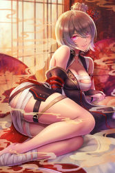Rule 34 | 1girl, alternate costume, armor, bandages, bare shoulders, barefoot, blush, breasts, bridal gauntlets, brown hair, choker, cleavage, collarbone, gloves, hair bun, hair ornament, highres, honkai (series), honkai impact 3rd, indoors, japanese clothes, large breasts, looking at viewer, maoh yueer, mole, mole under eye, parted lips, pink eyes, rita rossweisse, rita rossweisse (umbral rose), sarashi, short hair, single hair bun, skindentation, smile, smoke, solo, thigh strap, thighs
