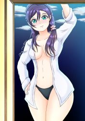 Rule 34 | 1girl, alternate hairstyle, aqua eyes, artist name, artist request, bare legs, black panties, blue sky, blush, braid, breasts, cleavage, cloud, collarbone, crown braid, day, female focus, green eyes, hair ornament, hair over shoulder, hair scrunchie, hand on own hip, highres, long hair, long sleeves, looking at viewer, love live!, love live! school idol project, medium breasts, naked shirt, outdoors, panties, parted lips, pink scrunchie, purple hair, scrunchie, shirt, sky, smile, solo, tojo nozomi, twintails, underwear, white shirt