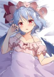 Rule 34 | 1girl, adapted costume, bare shoulders, bed sheet, beni kurage, blanket, blue hair, bow, collarbone, commentary request, dress, fang, fingernails, frills, hair between eyes, hand up, hat, hat bow, head tilt, looking at viewer, lying, mob cap, off-shoulder dress, off shoulder, on back, open mouth, pink dress, pink hat, puffy short sleeves, puffy sleeves, red bow, red eyes, remilia scarlet, short hair, short sleeves, solo, touhou, upper body
