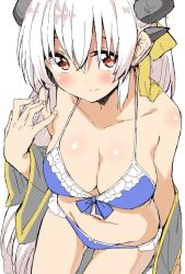Rule 34 | 1girl, bare shoulders, bikini, blue bikini, blue bow, body blush, bow, breasts, cleavage, closed mouth, collarbone, cowboy shot, dragon horns, fate/grand order, fate (series), frilled bikini, frills, grey jacket, hair bow, horns, jacket, kiyohime (fate), kiyohime (fate/grand order), kiyohime (swimsuit lancer) (fate), kiyohime (swimsuit lancer) (third ascension) (fate), leaning forward, looking at viewer, mamedenkyuu (berun), medium breasts, navel, open clothes, open jacket, ponytail, red eyes, silver hair, simple background, sketch, smile, solo, standing, stomach, swimsuit, white background, yellow bow