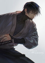 Rule 34 | 1boy, black hair, closed mouth, covered collarbone, dated, fushiguro touji, half-closed eyes, highres, japanese clothes, jujutsu kaisen, male focus, sashiyu, scar, scar on face, scar on mouth, short hair, signature, simple background, solo, sword, weapon