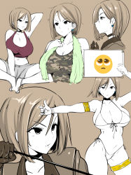Rule 34 | arms behind head, bikini, breasts, brown background, emoji, from side, highres, multiple views, okyou, short hair, simple background, sweat, swimsuit, tank top, the king of fighters, thumbs up, towel, towel around neck, whip, whip (kof), white bikini