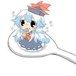 Rule 34 | 1girl, black eyes, blue hair, blush, chibi, eating, expressive clothes, food, food on face, hat, kamishirasawa keine, long hair, lowres, mini person, minigirl, multicolored hair, oden, rebecca (keinelove), spoon, touhou, two-tone hair