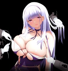 Rule 34 | 1girl, absurdres, areola slip, assisted exposure, azur lane, bare shoulders, between breasts, black background, blunt bangs, blush, breasts, bursting breasts, cleavage, clothes pull, collarbone, cross-laced clothes, dido (anxious bisque doll) (azur lane), dido (azur lane), disembodied hand, dress, dress pull, gloves, grey sleeves, hairband, head tilt, highres, huge breasts, long hair, long sleeves, nervous, nicorima, open mouth, pink eyes, playing with another&#039;s hair, pulling another&#039;s clothes, purple dress, purple hair, purple hairband, raised eyebrows, sidelocks, simple background, skindentation, sleeveless, sleeveless dress, solo focus, upper body