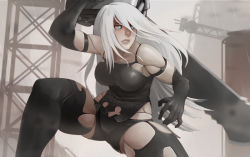 Rule 34 | 1girl, a2 (nier:automata), android, bankage, bare shoulders, blue eyes, breasts, elbow gloves, fighting stance, gloves, joints, large breasts, long hair, nier:automata, nier (series), over shoulder, parted lips, robot joints, silver hair, solo, sword, thighs, weapon, weapon over shoulder