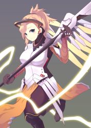 Rule 34 | artist request, bad id, bad pixiv id, bodysuit, brown pantyhose, glowing, glowing wings, hair tie, high ponytail, holding, holding staff, mechanical wings, mercy (overwatch), overwatch, overwatch 1, pantyhose, solo, spread wings, staff, wings, yellow wings
