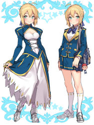 Rule 34 | 1girl, :d, adapted costume, ahoge, alternate costume, armor, armored boots, artoria pendragon (all), artoria pendragon (fate), blonde hair, blouse, blush, boots, bow, bowtie, braid, breasts, collar, commentary request, dress, fate/grand order, fate/stay night, fate/zero, fate (series), french braid, full body, green eyes, high heels, jacket, kneehighs, looking at viewer, master artoria, miniskirt, multiple views, open clothes, open jacket, open mouth, pleated skirt, popqn, saber (fate), school uniform, see-through, shirt, skindentation, skirt, small breasts, smile, socks, standing, thighhighs, white shirt, white socks