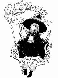 Rule 34 | 1girl, acky bright, belt, boots, dragon, hat, hexagram, highres, holding, holding staff, monochrome, original, pleated skirt, pointy ears, skeleton, skirt, staff, star of david, witch hat