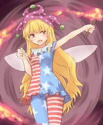 Rule 34 | 1girl, american flag dress, american flag legwear, arm up, blonde hair, blue dress, blue pantyhose, blush, brown eyes, clenched hand, clownpiece, commentary request, cowboy shot, dress, fairy wings, hand up, hat, holding, holding torch, jester cap, long hair, miyo (ranthath), neck ruff, open mouth, pantyhose, polka dot, polka dot headwear, purple background, purple hat, red dress, red pantyhose, short dress, short sleeves, solo, standing, star (symbol), star print, striped clothes, striped dress, striped pantyhose, thighs, torch, touhou, very long hair, white dress, white pantyhose, wings