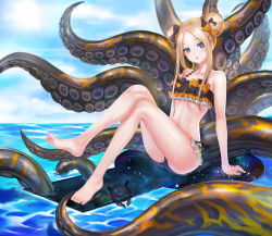 Rule 34 | 1girl, abigail williams (fate), alternate hairstyle, ass, bare shoulders, barefoot, bikini, black bikini, black bow, blonde hair, blue eyes, blue sky, blush, bow, breasts, day, double bun, fate/grand order, fate (series), feet, forehead, frilled bikini, frills, hair bow, hair bun, highres, hip focus, katsushika hokusai (fate), keyhole, legs, long hair, looking at viewer, medium breasts, mhg (hellma), miniskirt, ocean, octopus, official alternate costume, orange bow, parted bangs, parted lips, polka dot, polka dot bow, portal (object), sitting, skirt, sky, solo, space, star (sky), swimsuit, tentacles, thighs