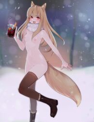 Rule 34 | 1girl, absurdres, animal ears, breasts, brown hair, drink, erroten, highres, holo, hot drink, medium breasts, midriff, nipples, nude, red eyes, small breasts, snowing, solo, spice and wolf, tail, wolf ears, wolf girl, wolf tail