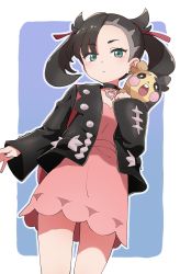 Rule 34 | 1girl, black choker, black hair, black jacket, black nails, blue background, blue eyes, blush, choker, closed mouth, commentary request, creatures (company), dress, earrings, game freak, gen 8 pokemon, hair ribbon, highres, jacket, jewelry, long sleeves, looking at viewer, marnie (pokemon), morpeko, morpeko (full), nail polish, nintendo, open clothes, open jacket, outline, pink dress, pokemon, pokemon (creature), pokemon swsh, red ribbon, ribbon, sleeves past wrists, tadanoshi kabane, twintails, two-tone background, white background, white outline, wide sleeves