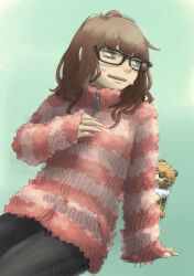 Rule 34 | 1girl, arm support, bags under eyes, black pants, brown hair, cheetah, chiyo maru, commentary request, cowboy shot, fur jacket, glasses, green background, green eyes, hand on own chest, high collar, highres, invisible chair, jacket, long hair, long sleeves, looking to the side, nervous, nervous smile, nervous sweating, open mouth, original, pants, pink jacket, simple background, sitting, sleeves past wrists, smile, solo, striped clothes, striped jacket, sweat, zipper, zipper pull tab