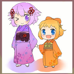 Rule 34 | &gt; o, 2girls, blonde hair, blue eyes, bow, hair ornament, happy new year, hekikuu (kanaderuyume), japanese clothes, kimono, long sleeves, looking at viewer, multiple girls, neptune (neptunia), neptune (series), new year, one eye closed, open mouth, orange bow, orange kimono, pish, purple eyes, purple hair, purple kimono, short hair, smile, white background, wide sleeves