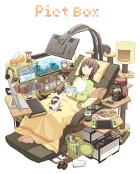 Rule 34 | 1girl, alarm clock, aquarium, barefoot, book, brown hair, cat, cellphone, chair, clock, coffee maker, controller, cookie, drawing tablet, food, headset, hourglass, itou (mogura), keyboard, lamp, monitor, mouse (computer), multiple cats, nintendo switch, original, phone, pillow, reclining, remote control, smartphone, television, thumbprint cookie, tissue box, trash can, white background
