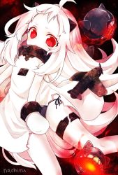 Rule 34 | 10s, 1girl, abyssal ship, ahoge, artist name, bare shoulders, black panties, black ribbon, blush, colored skin, crying, crying with eyes open, dress, kantai collection, legband, long hair, nachiru, northern ocean princess, open mouth, pale skin, panties, red eyes, ribbon, side-tie panties, sleeveless, sleeveless dress, solo, tears, teeth, torn clothes, torn dress, underwear, very long hair, white hair, white skin