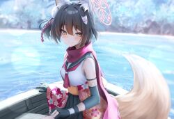 Rule 34 | 1girl, animal ear fluff, animal ears, black gloves, black hair, black sailor collar, black skirt, blue archive, blush, boat, breasts, closed mouth, day, eyeshadow, fang, fox ears, fox tail, gloves, hair between eyes, halo, highres, inre kemomimi, izuna (blue archive), looking at viewer, makeup, neckerchief, outdoors, partially fingerless gloves, pink halo, pleated skirt, red eyeshadow, red neckerchief, red scarf, river, sailor collar, scarf, short hair, skin fang, skirt, small breasts, smile, solo, tail, water, watercraft, yellow eyes