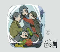 Rule 34 | 4boys, batman, batman (series), black hair, blue eyes, bodysuit, brothers, bruce wayne, bubble, cape, damian wayne, dc comics, dick grayson, family, gloves, in container, jacket, jason todd, male focus, multicolored hair, multiple boys, nightwing, red hood (dc), red robin, robin (dc), siblings, tim drake, trapped, two-tone hair