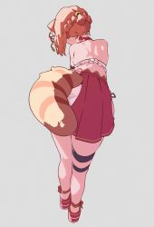 Rule 34 | 1girl, animal ear fluff, bare shoulders, braid, brown hair, commentary request, facing away, grey background, highres, leaning forward, nijisanji, pleated skirt, ratna petit, red footwear, red panda ears, red panda girl, red panda tail, red skirt, shoes, simple background, sirataki umauma, skindentation, skirt, solo, standing, striped tail, tail, thigh strap, virtual youtuber