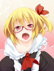 Rule 34 | 1girl, ascot, bad id, bad pixiv id, bespectacled, blonde hair, collarbone, downblouse, dress, embodiment of scarlet devil, face, fang, female focus, glasses, hair ribbon, heart, long sleeves, looking at viewer, off shoulder, ogami kazuki, open mouth, oral invitation, red-framed eyewear, red eyes, ribbon, rumia, saliva, semi-rimless eyewear, short hair, solo, teeth, touhou, under-rim eyewear